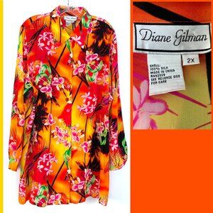 New Diane Gilman 100% Silk Tropical Hawaiian Blouse Shirt Sz 2X
